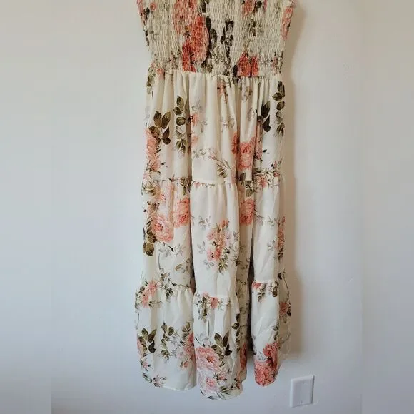 Cream Floral Midi Dress Smocked Tiered Fairy Cottage Whimsical Pastoral Maiden S - Picture 7 of 10